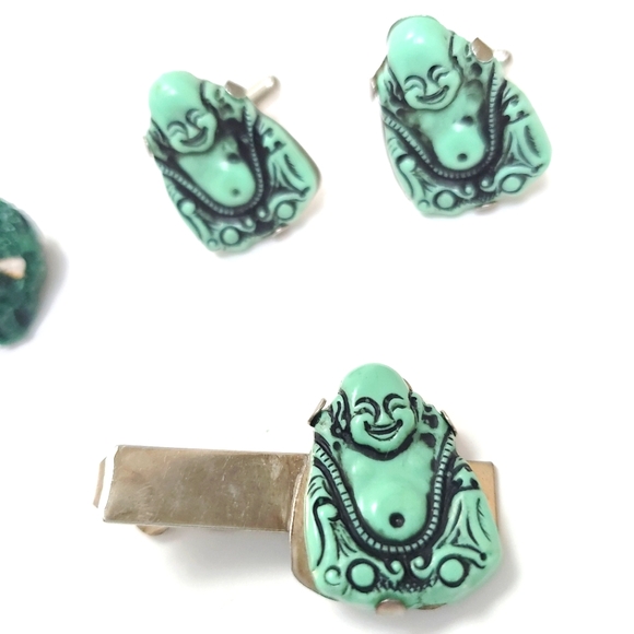 Vintage 3-piece Green Buddha Bakelite Cufflink and Tie Clip Set - Picture 11 of 12